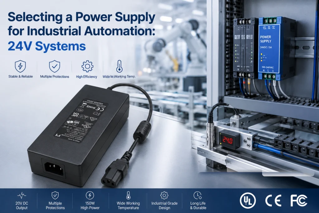 Power solutions for factory automation, PLC systems, motor drives, CNC machines, and industrial sensors.