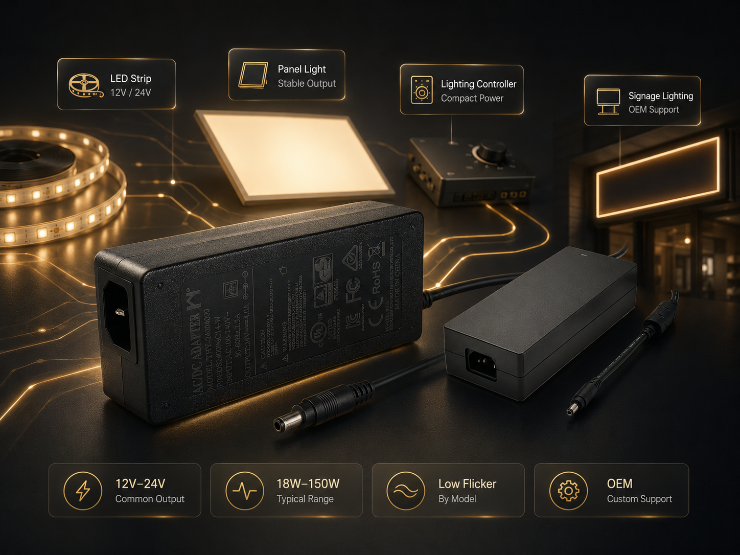 LED Lighting power adapters - YHYadapter 12V 24V AC/DC power solutions