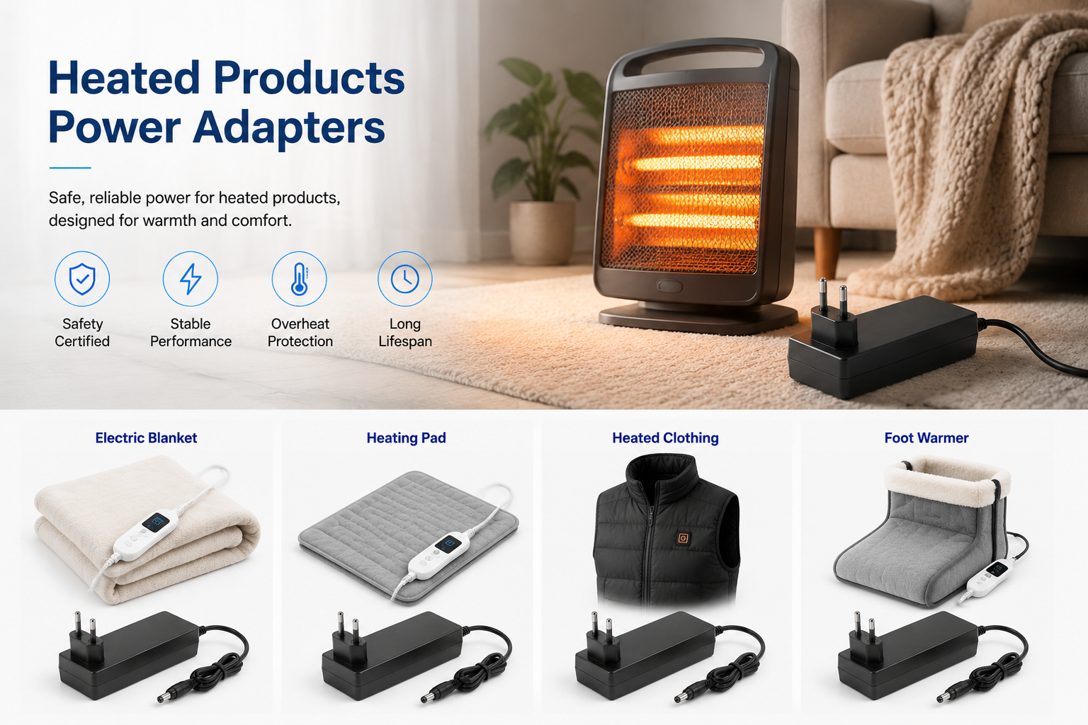 heated product heated product power adapter for electric blanket heating pad and pet warming mat